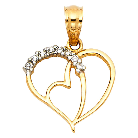 14K Yellow Gold Double Open Heart Pendant accented with CZ Stones