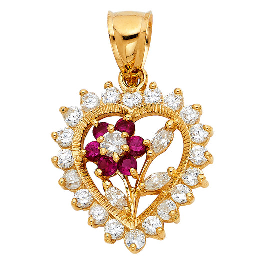 14K Yellow Gold Heart Pendant with Flower Design accented with Synthetic Ruby and Cubic Zirconia