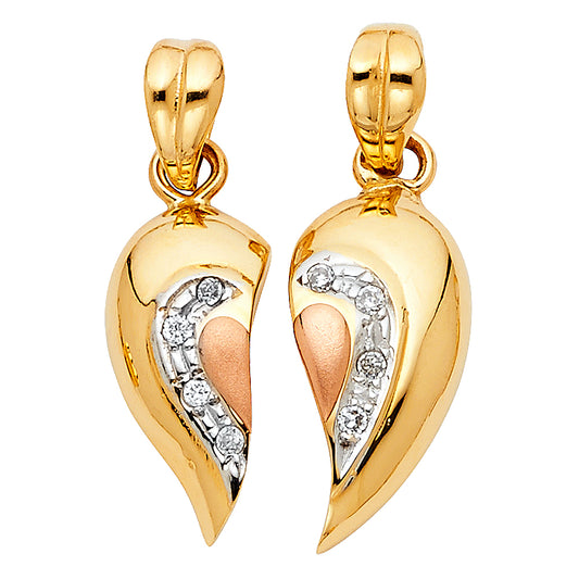 14K Tri-Color Gold Breakable Heart Pendant Set accented with Cubic Zirconia