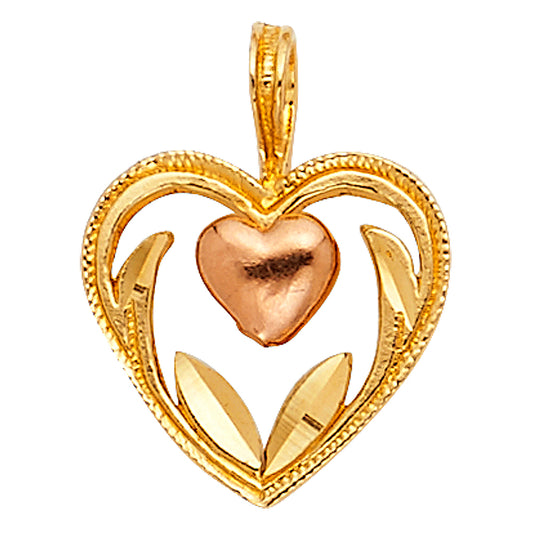 14K Two-Tone Gold Heart Pendant with Rose Gold Center Heart and Leaf Accents