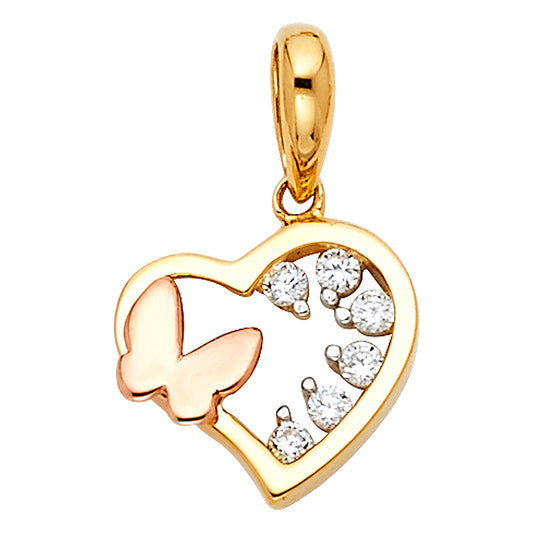 14K Two-Tone Gold Heart Pendant with Rose Gold Butterfly and Cubic Zirconia Accents