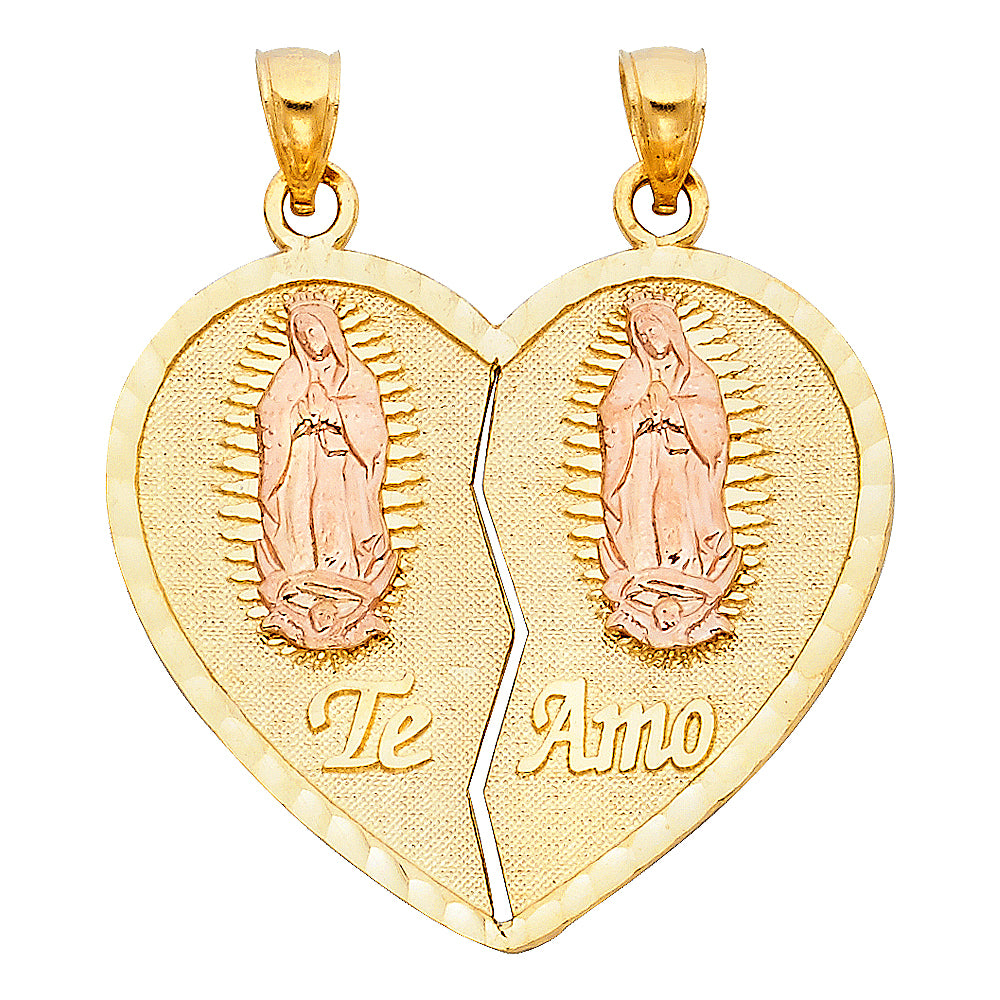 14K Two-Tone Gold Double Sided Virgen de Guadalupe “Te Amo” Heart Design Pendant