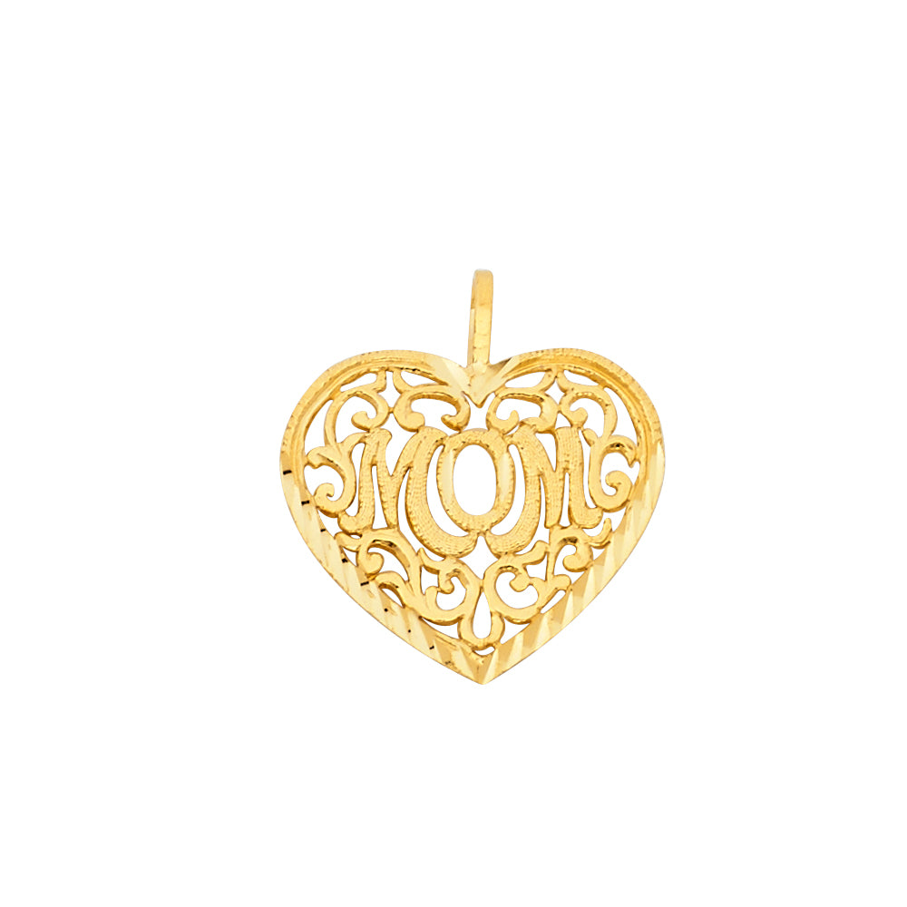14K Yellow Gold Filigree MOM Heart Pendant