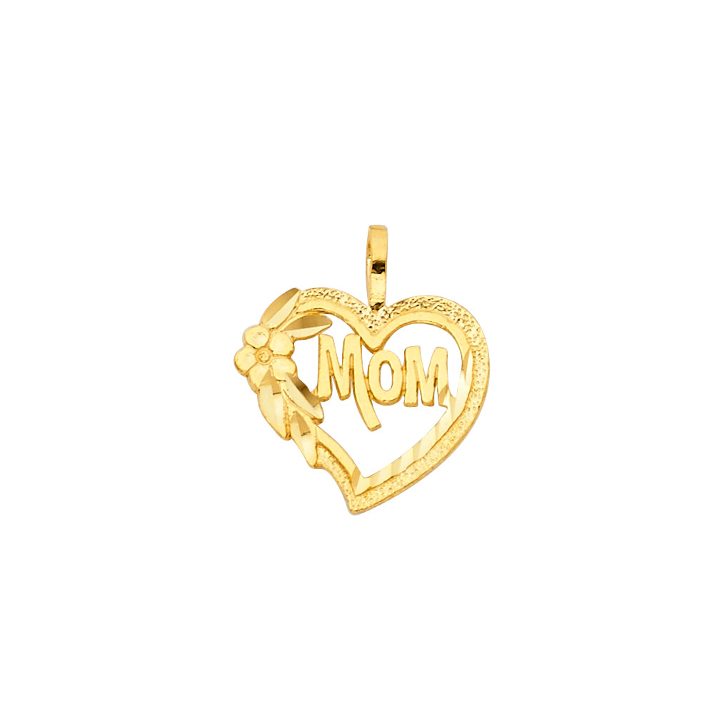 14K Yellow Gold MOM Heart Pendant with Flower Accent