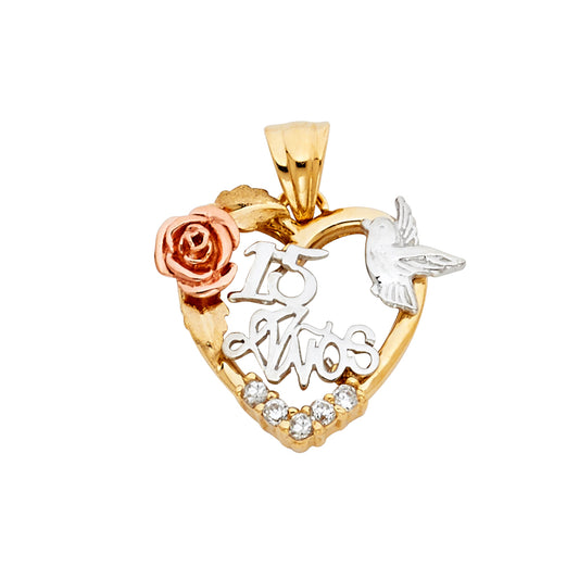 14K Tri-Color Gold Mis 15 Años Open Heart Pendant with Rose, Dove & CZ Accents