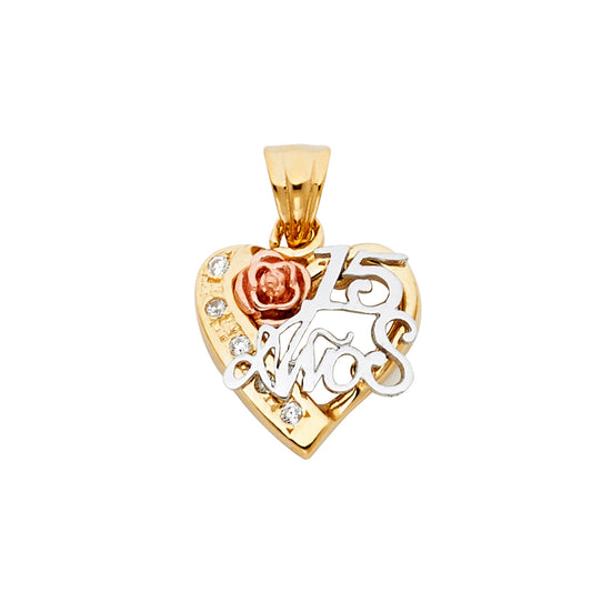 14K Tri-Color Gold Mis 15 Años Heart Pendant with Rose & CZ Accents