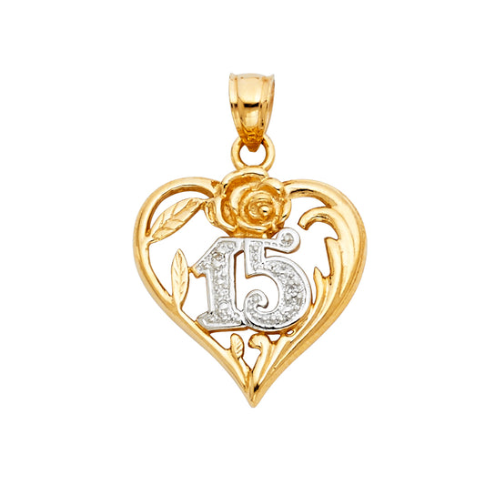 14K Two-Tone Gold Heart Pendant with Rose and 15 Design