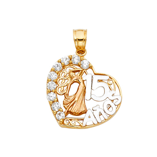 14K Tri-Color Gold Quinceañera Heart Pendant with Dancing Girl and CZ Accents