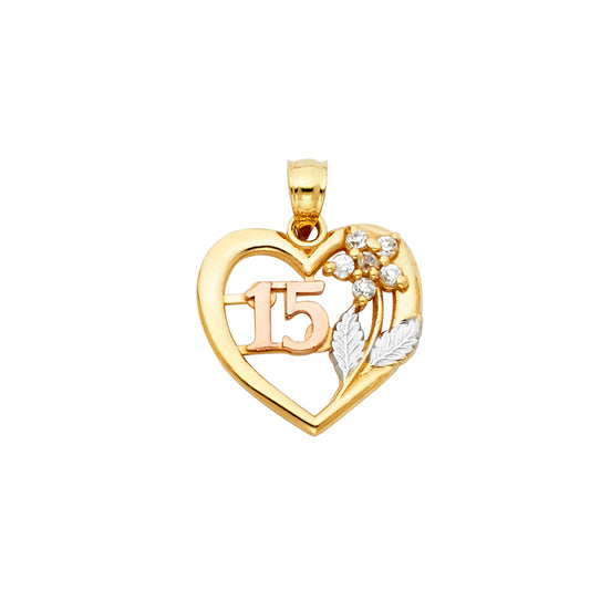 14K Tri-Color Gold Quinceañera Heart Pendant with Flower and Leaf Accents