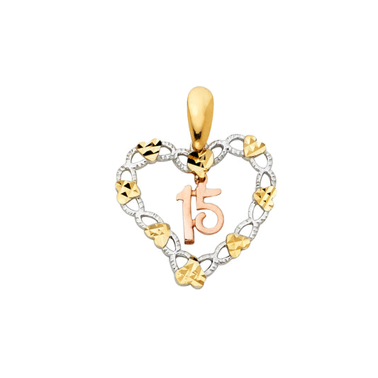 14K Tri-Color Gold Quinceañera Heart Pendant with Mini Hearts and Dangling 15