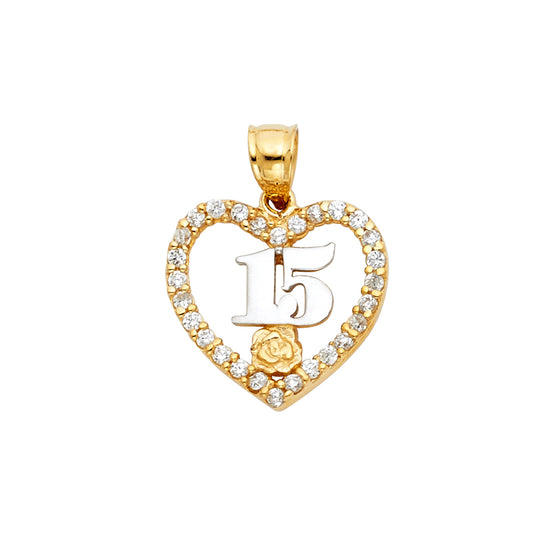 14K Two-Tone Gold Heart Pendant with Rose and 15 Design Accented with Cubic Zirconia