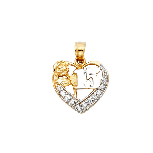 14K Two-Tone Gold Heart Pendant with Rose and 15 Design Accented with Cubic Zirconia