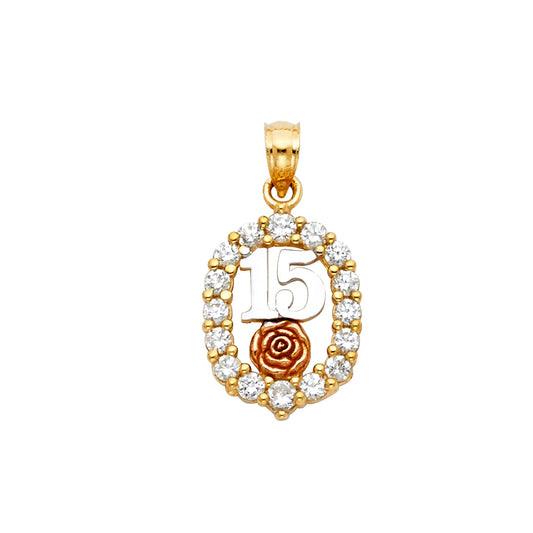 14K Tri-Tone Gold Oval Pendant with Rose and 15 Design Accented with Cubic Zirconia