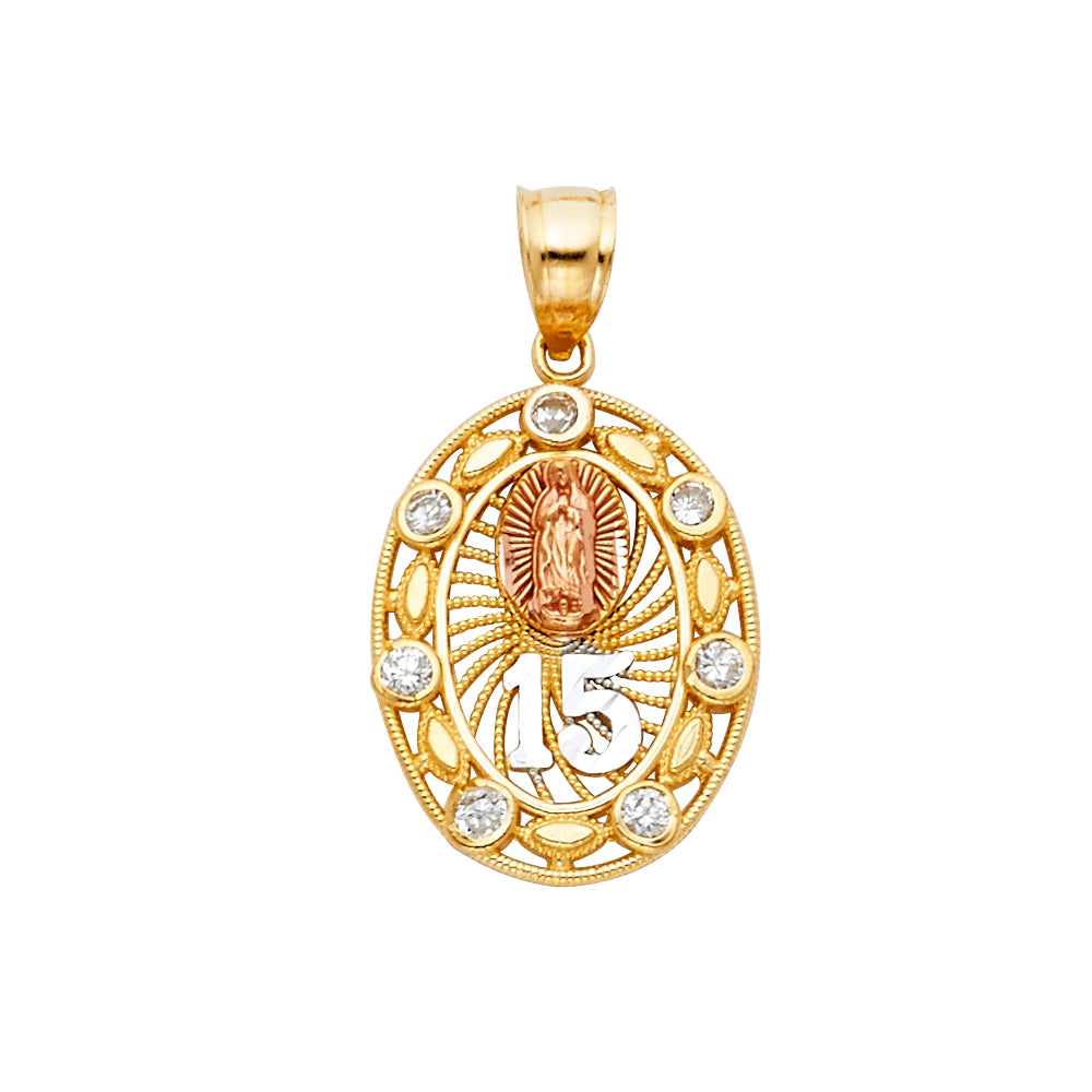 14K Tri-Color Gold Quinceañera Oval Pendant with Guadalupe and CZ Accents