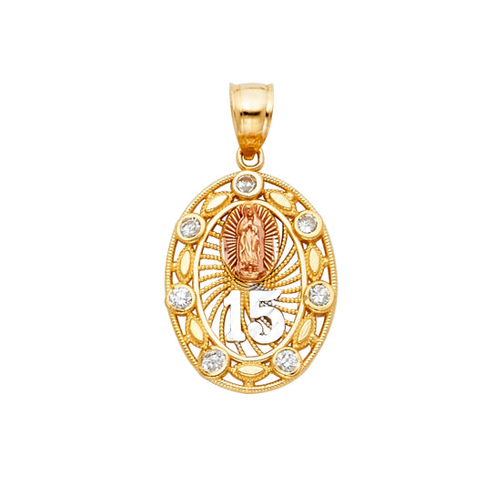 14K Tri-Color Gold Quinceañera Oval Pendant with Guadalupe and CZ Accents