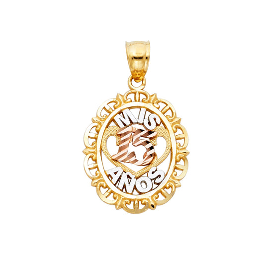 14K Tri-Color Gold Mis 15 Años Oval Pendant with Heart Accent