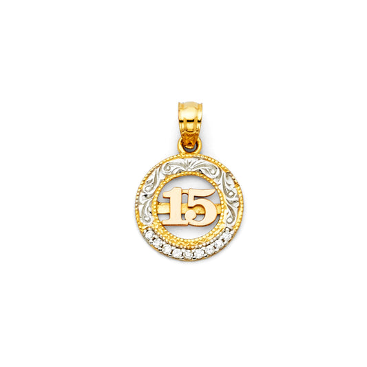 14K Tri-Color Gold Quinceañera Round Pendant with Floral Scroll and CZ Accents