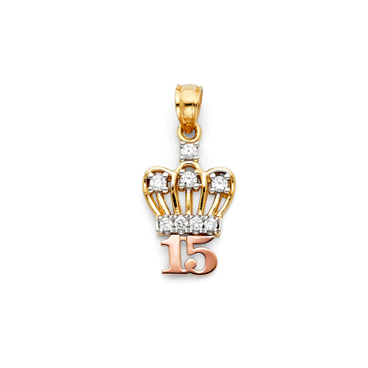 14K Two-Tone Gold Crown Pendant with Number 15 Accented with Cubic Zirconia