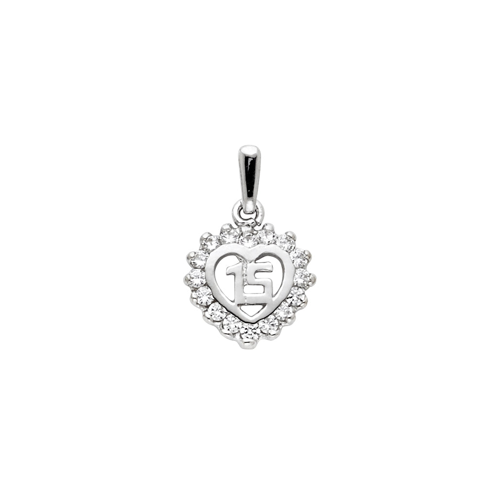 14K White Gold Heart Pendant with Number 15 Surrounded by Cubic Zirconia