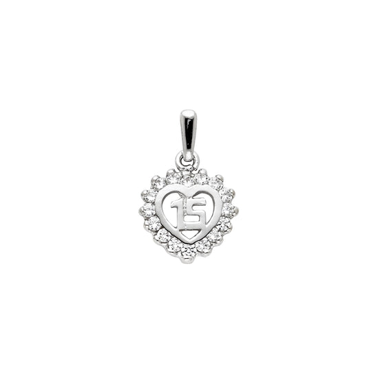 14K White Gold Heart Pendant with Number 15 Surrounded by Cubic Zirconia