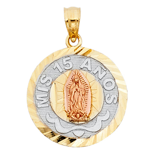 14K Tri-Color Gold Mis 15 Años Pendant with Guadalupe