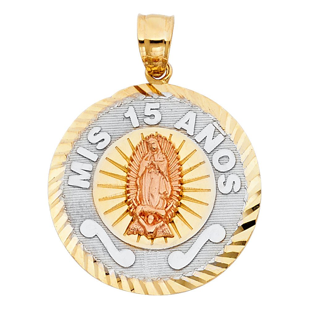 14K Tri-Color Gold Mis 15 Años Pendant with Guadalupe