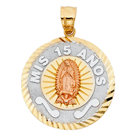14K Tri-Color Gold Mis 15 Años Pendant with Guadalupe
