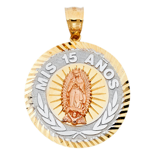 14K Tri-Color Gold Mis 15 Años Pendant with Guadalupe