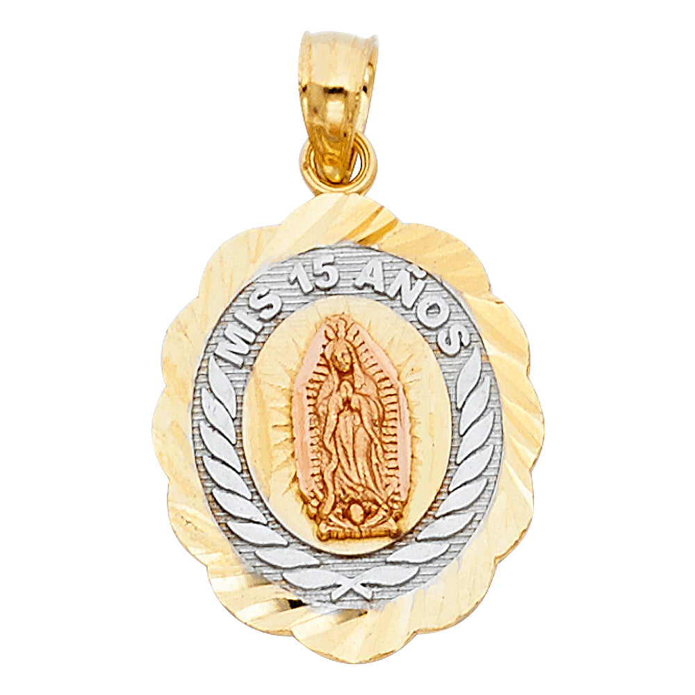 14K Tri-Color Gold Mis 15 Años Guadalupe Oval Pendant