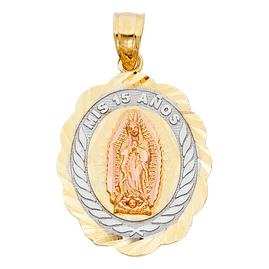 14K Tri-Color Gold Mis 15 Años Guadalupe Oval Pendant