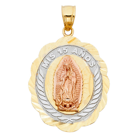 14K Tri-Color Gold Mis 15 Años Guadalupe Oval Pendant