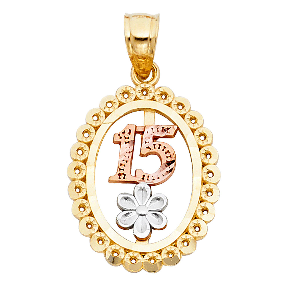 14K Tri-Color Gold Quinceañera Oval Pendant with Beaded Frame and Flower Accent