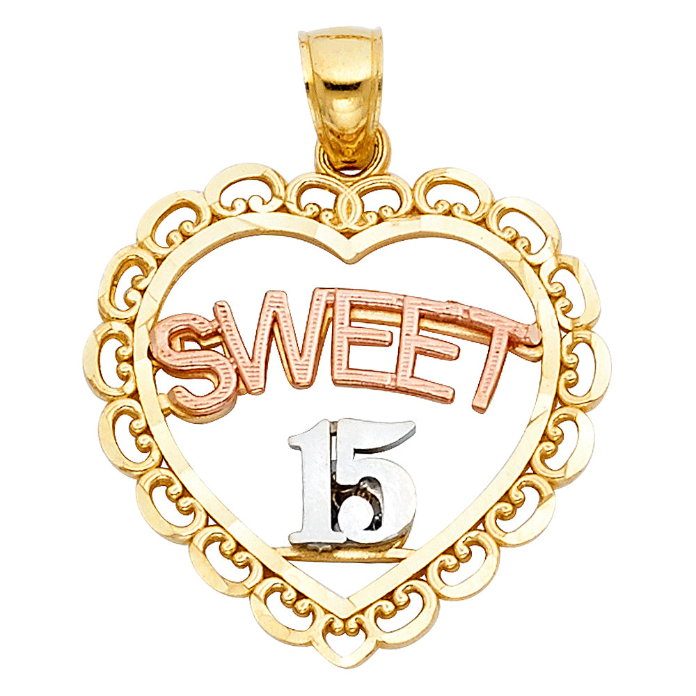 14K Tri-Color Gold Sweet 15 Heart Pendant with Filigree Frame