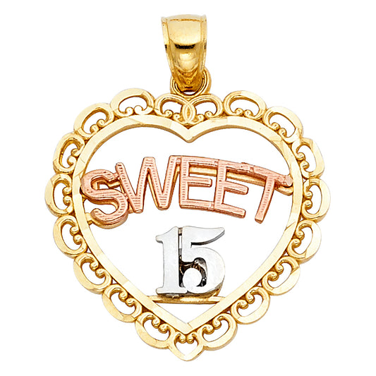 14K Tri-Color Gold Sweet 15 Heart Pendant with Filigree Frame