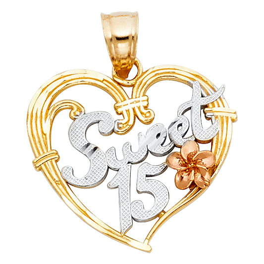 14K Tri-Color Gold Sweet 15 Heart Pendant with Flower Accent