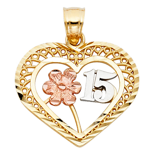 14K Tri-Color Gold Quinceañera Heart Pendant with Flower Accent and Textured Border