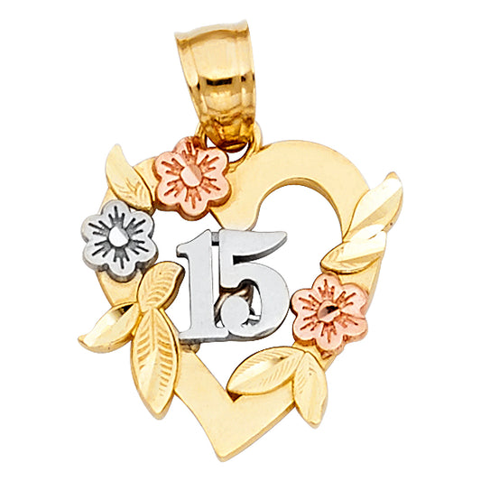 14K Tri-Color Gold Quinceañera Heart Pendant with Flowers and Leaf Accents