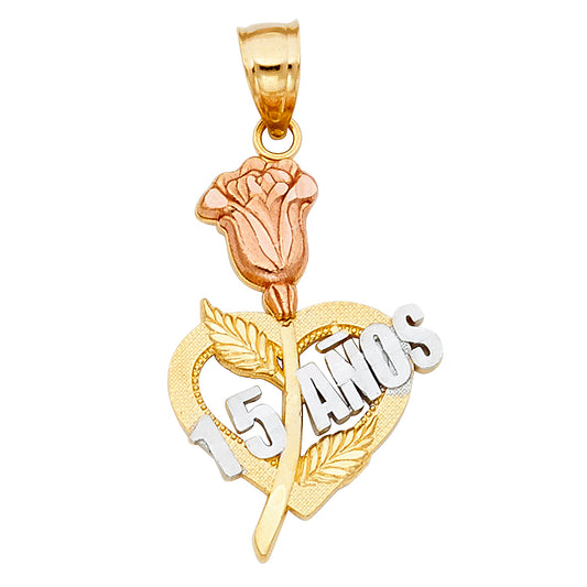 14K Tri-Color Gold Quinceañera Heart Pendant with Rose and Leaf Accents