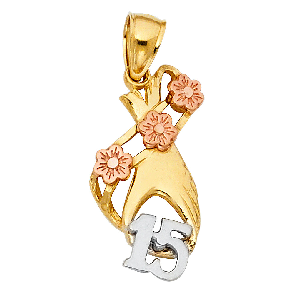 14K Tri-Color Gold Quinceañera Dress Pendant with Floral Accents