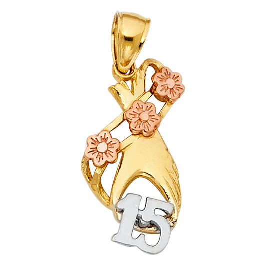 14K Tri-Color Gold Quinceañera Dress Pendant with Floral Accents