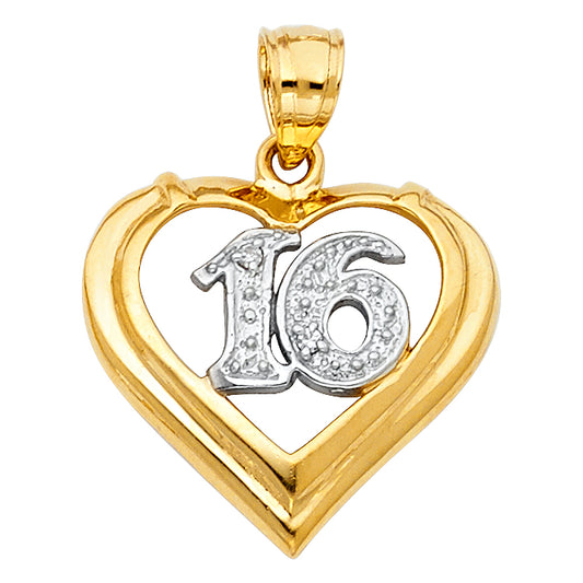 14K Two-Tone Gold Sweet 16 Heart Pendant