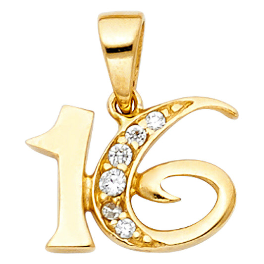 14K Yellow Gold Sweet 16 Pendant with CZ Accents