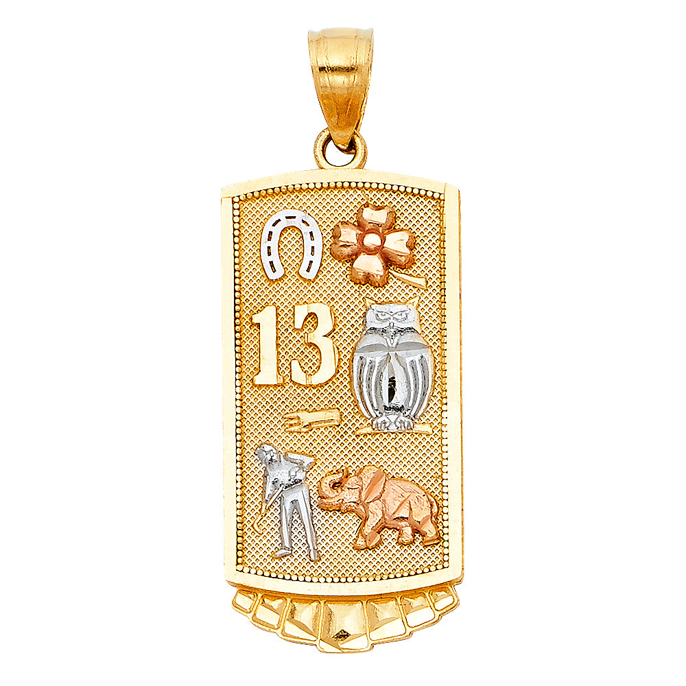 14K Tri-Color Gold Good Luck 13 Pendant with Symbolic Charms