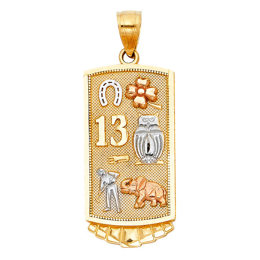14K Tri-Color Gold Good Luck 13 Pendant with Symbolic Charms
