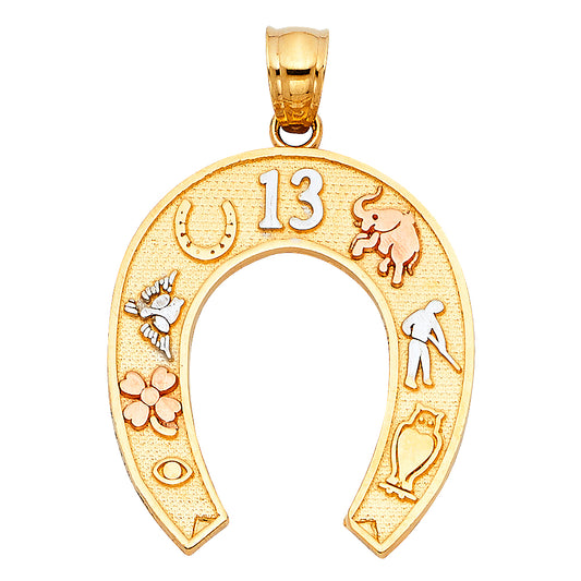 14K Tri-Color Gold Horseshoe Good Luck 13 Pendant