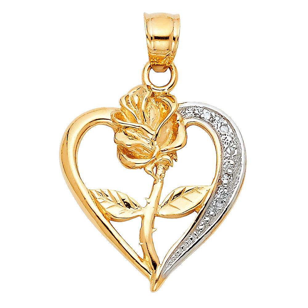 14K Two-Tone Gold Rose & Heart Pendant