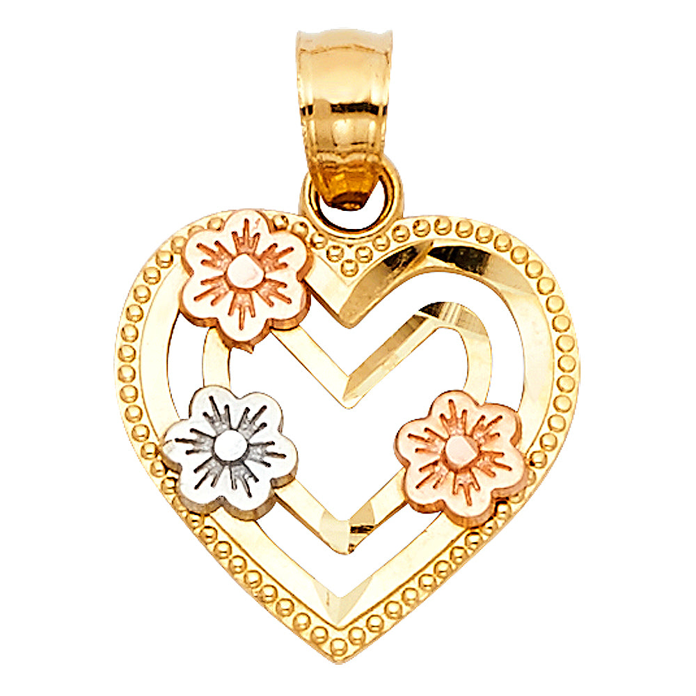 14K Tri-Color Gold Triple Flower Heart Pendant