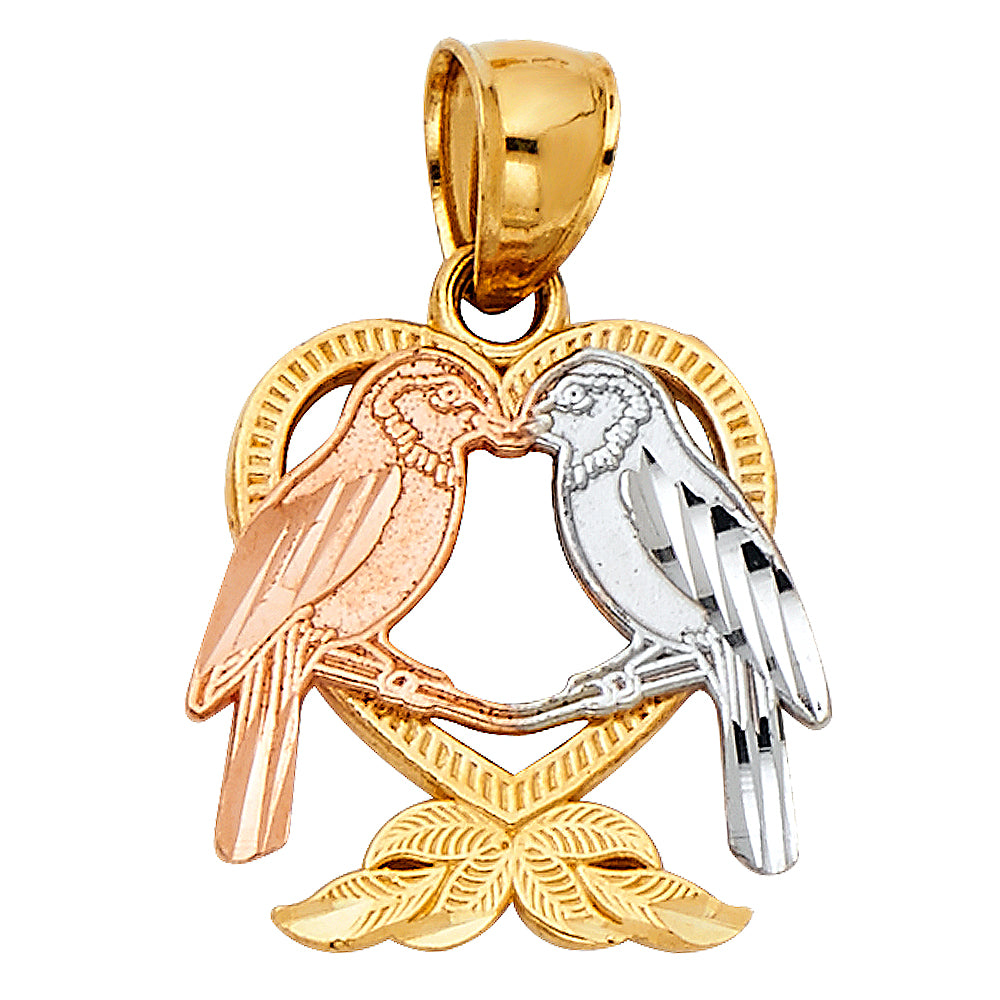 14K Tri-Color Gold Love Birds Heart Design Pendant