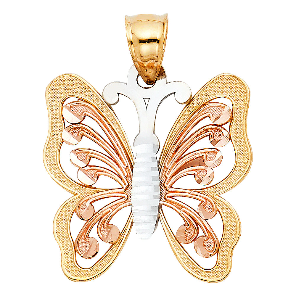 14K Tri-Color Gold Filigree Butterfly Pendant