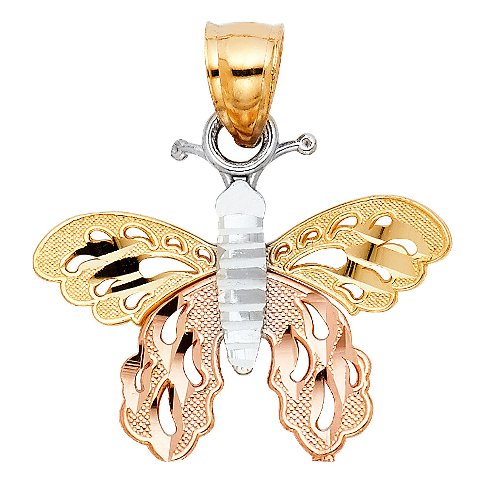 14K Tri-Color Gold Filigree Butterfly Pendant